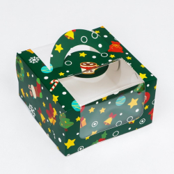 Изображение Коробка под бенто - торт с окном «Новогодняя изумрудная», 14×14×8 см